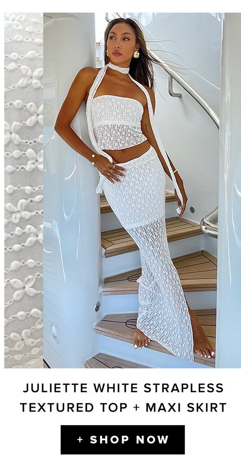 juliette white strapless textured top and maxi skirt shop now