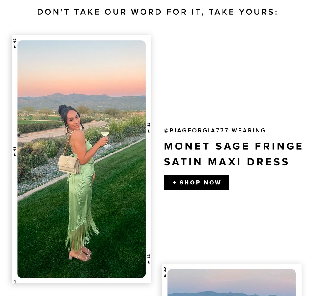 don't take our word for it, take yours: monet sage fringe satin maxi dress shop now