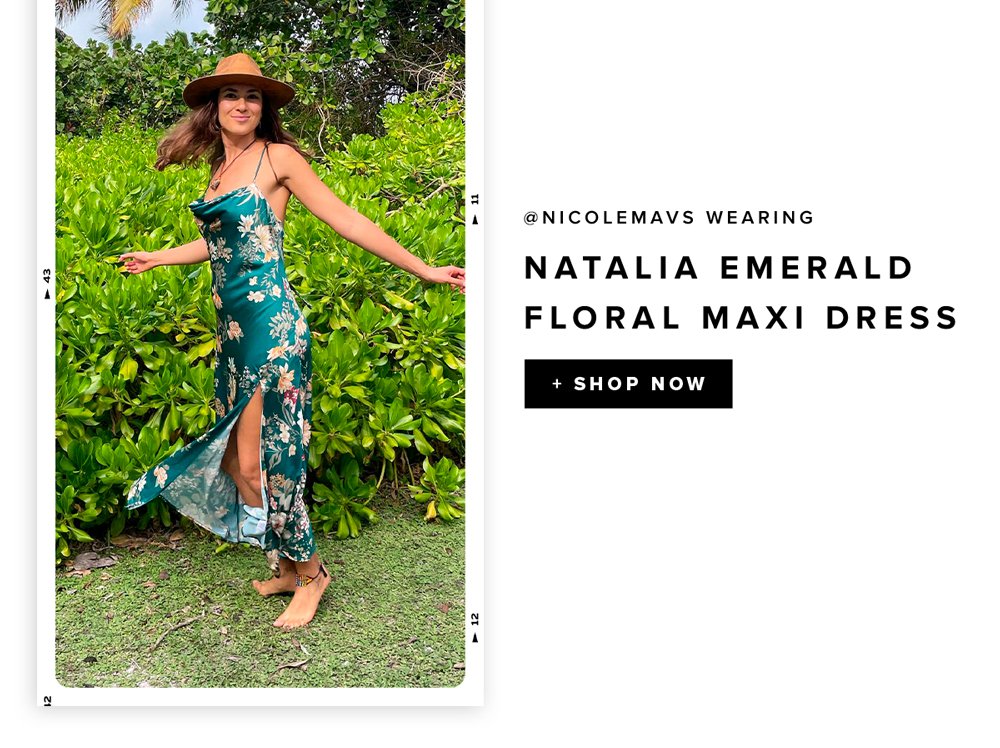 @nicolemavs wearing Natalia emerald floral maxi dress shop now