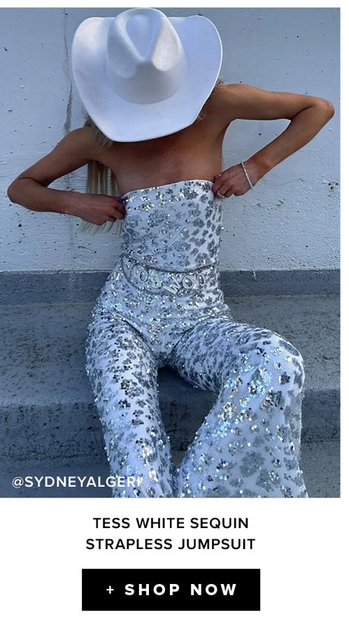 tess white sequin strapless jumpsuit