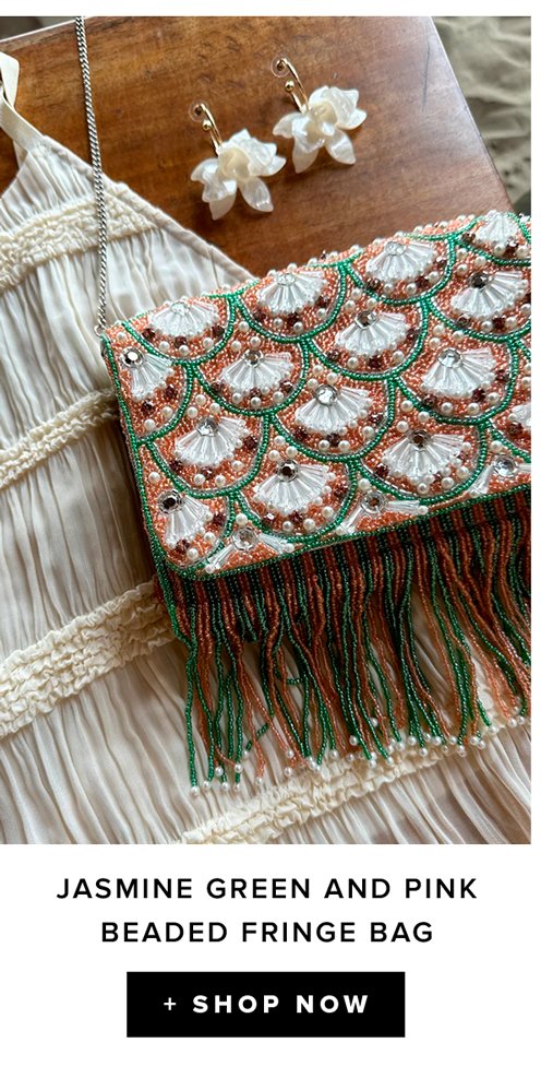 jasmine green and pink beaded fringe bag