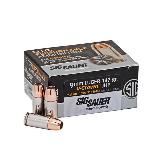 SIG SAUER Elite Performance 9mm 147 Grain V-Crown JHP Ammo 20 Round Box