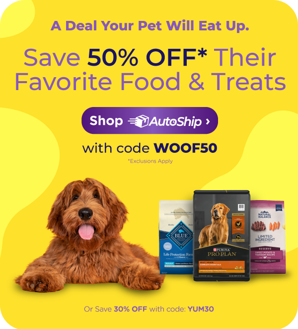 Save 50% off your pet's favorite food & treats with code WOOF50