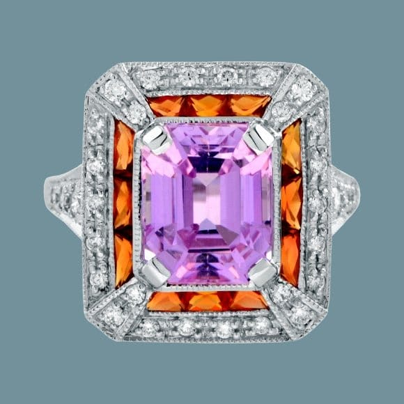 Pink Kunzite, Orange Sapphire and Diamond Halo Ring, Contemporary