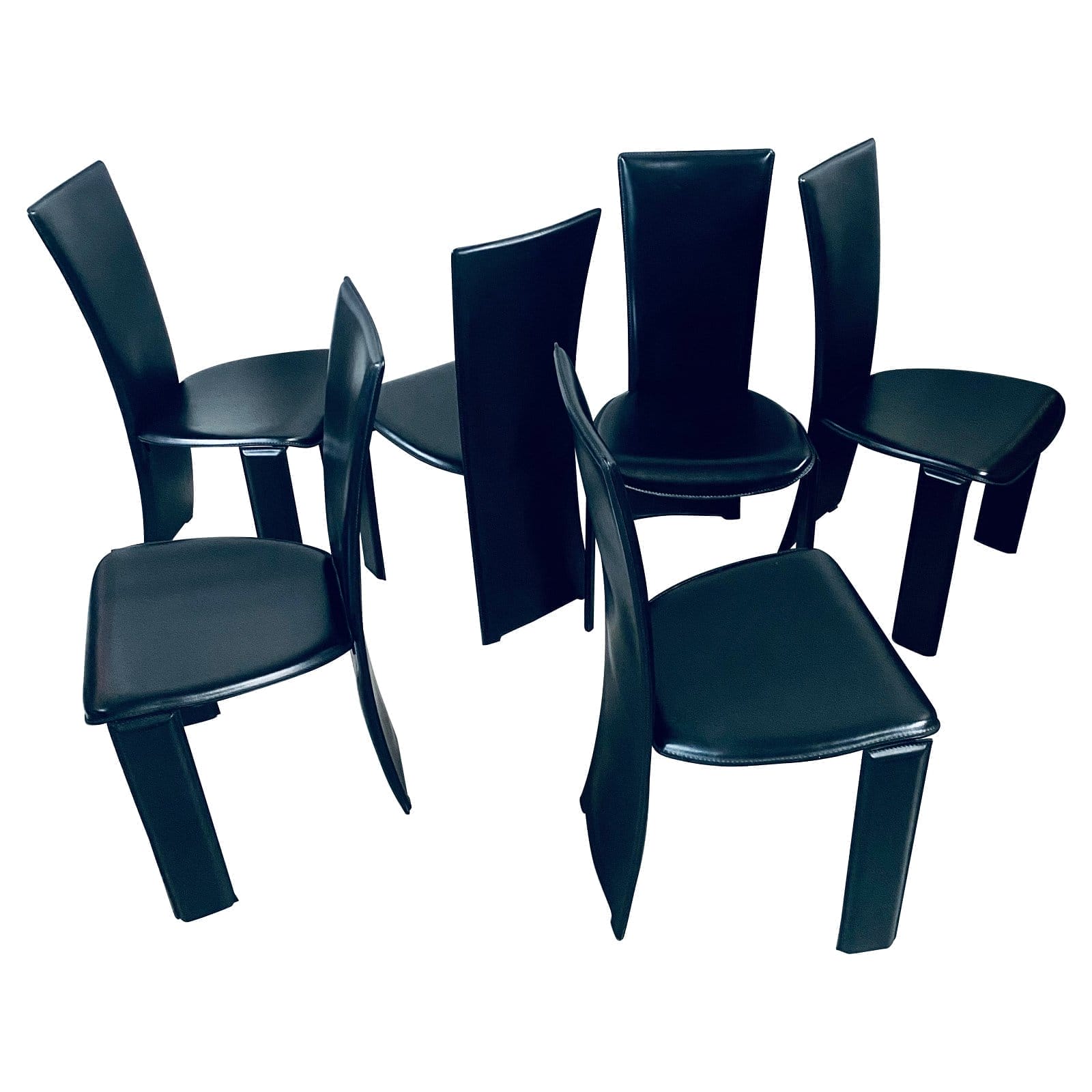 Display Images to View 6 x Black Leather Tripot Dining Chairs by Pietro Costantini, Italy 1980.