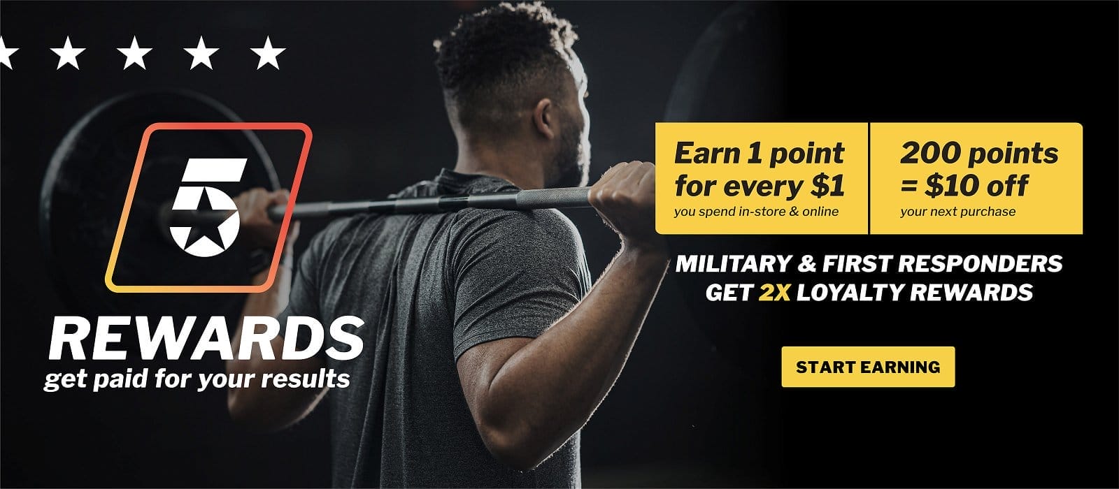 5 Star Rewards - Get Paid for Your Results - Earn 1 point for every \\$1, 200 points = \\$10 off. Military and Frist responders get 2x Loyalty Rewards