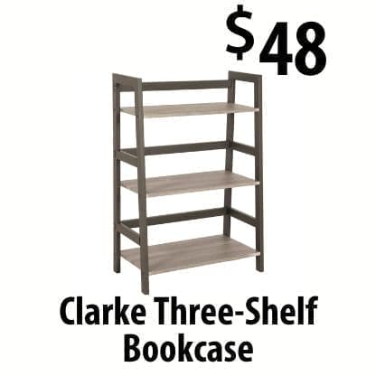 three-shelf bookcase at \\$48