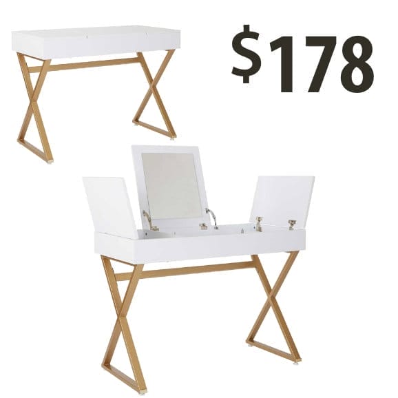 white vanity with gold legs at \\$178