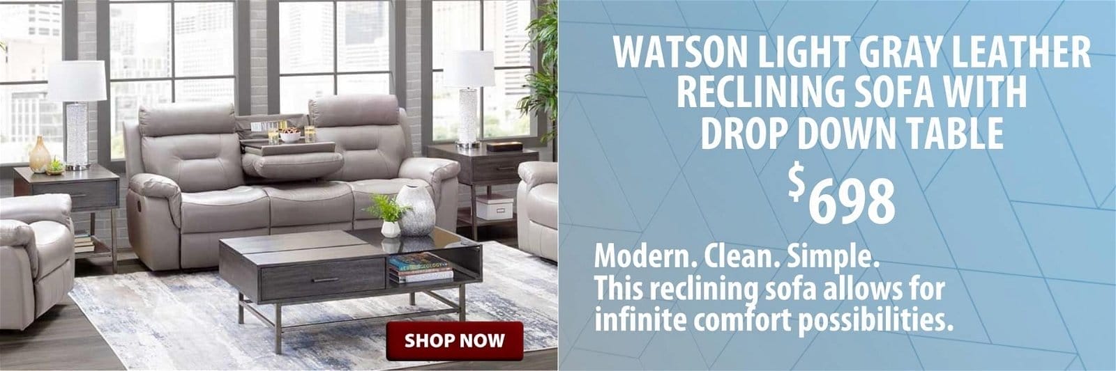 Grey reclining sofa with drop down table at \\$698