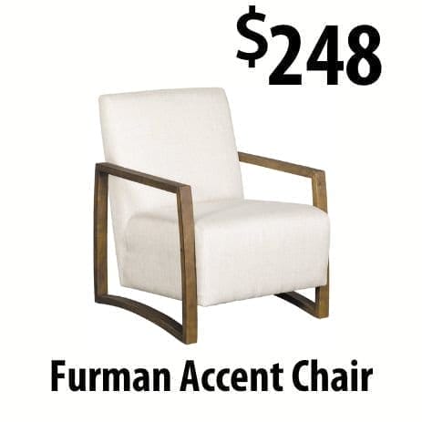 white accent chair with wooden armrest at \\$248