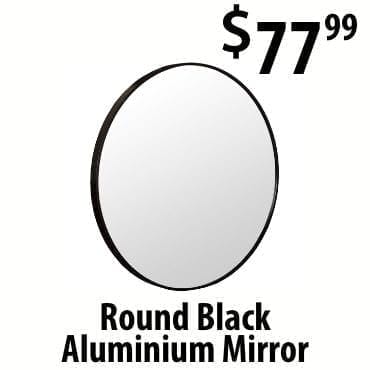 Round black aluminum mirror at \\$77.99