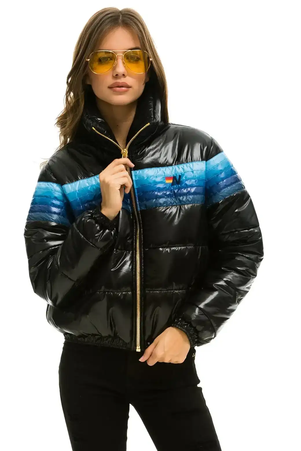 Image of 5 STRIPE LUXE APRES PUFFER JACKET - GLOSSY BLACK // BLUE STRIPES