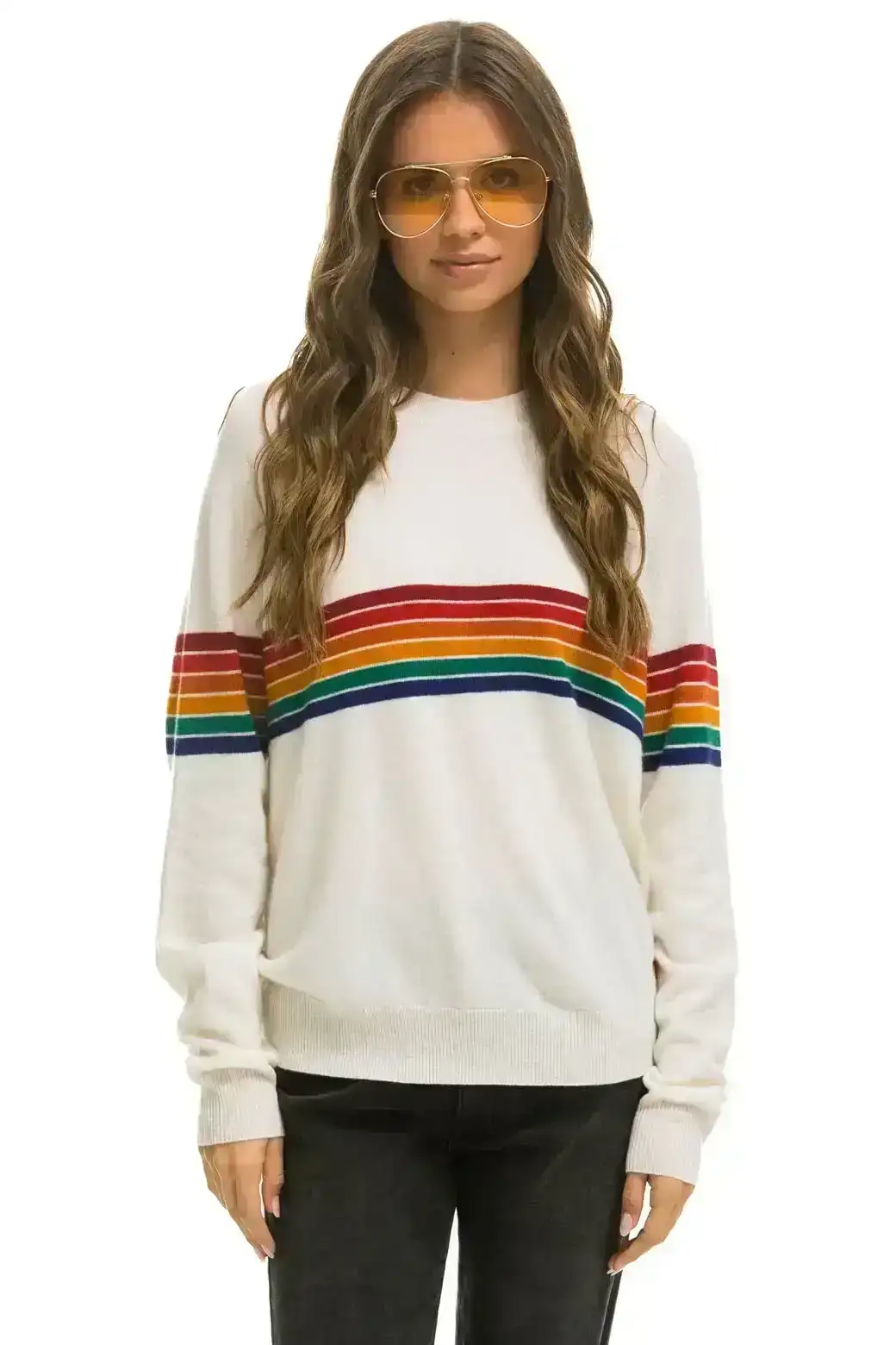 Image of RAINBOW STRIPE 6 UNISEX LIGHT CASHMERE SWEATER - SNOW