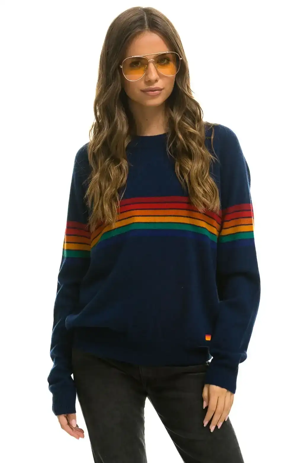 Image of RAINBOW STRIPE 6 UNISEX LIGHT CASHMERE SWEATER - MIDNIGHT