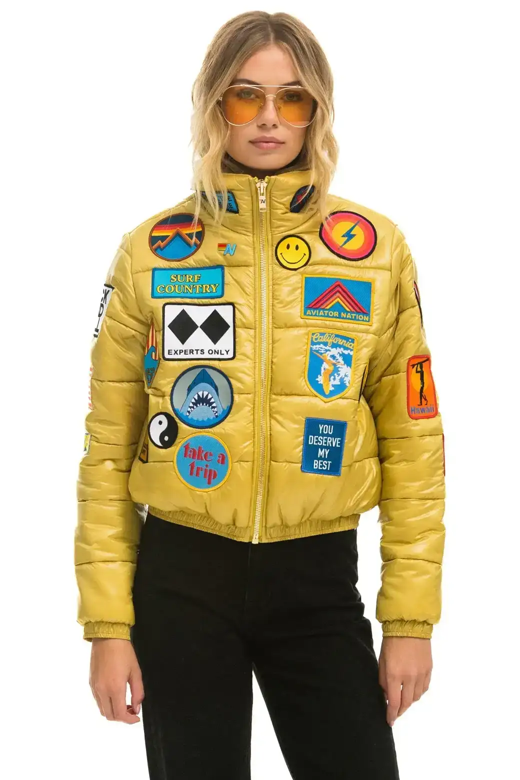 Image of VINTAGE PATCH APRES PUFFER JACKET - HONEY GLOSSY