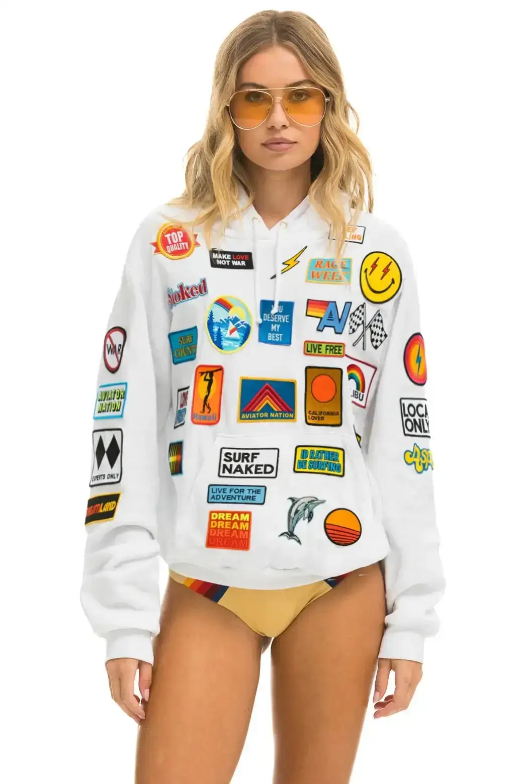 Image of VINTAGE PATCH RELAXED PULLOVER HOODIE- WHITE