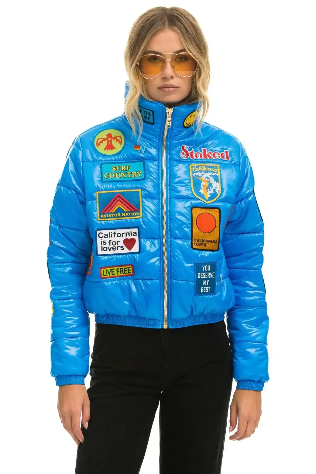 Image of VINTAGE PATCH APRES PUFFER JACKET - BLUE CINA GLOSSY