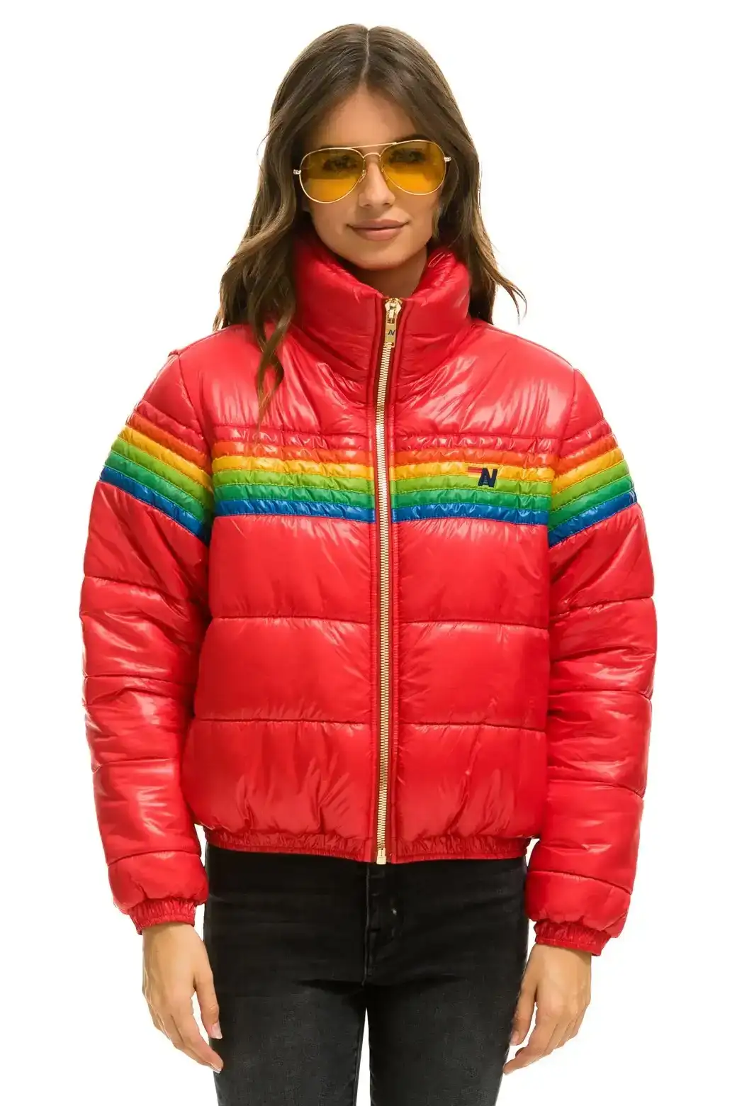 Image of 6 STRIPE LUXE APRES PUFFER JACKET - GLOSSY CHERRY