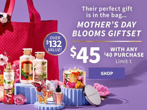 Their perfect gift is in the bag...Mother's Day blooms giftset \\$45 with any \\$40 purchase limit 1. over \\$132 value!