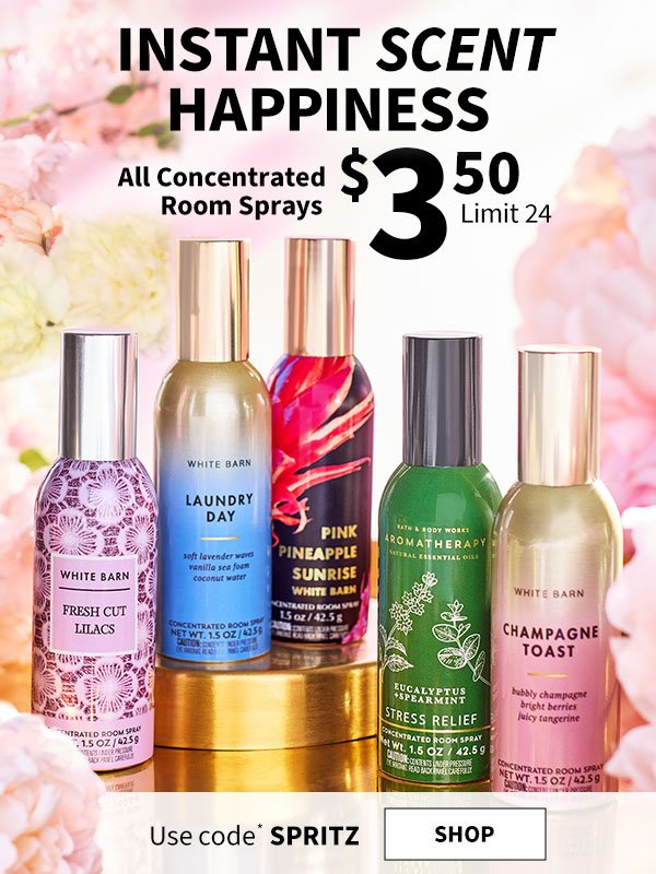 instant scent happiness all concentrated room sprays \\$3.50 limit 24 use code spritz shop