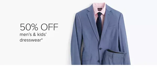 A men's blue suit and pink tie. 50% off men's and kids' dresswear.