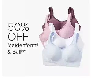 Blue, white and pink bras. 50% off Maidenform and Bali.