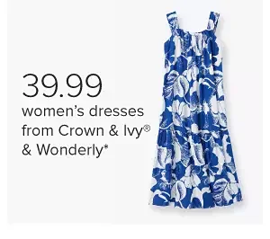 Image of a blue floral dress. \\$39.99 women's dresses from Crown and Ivy and Wonderly.