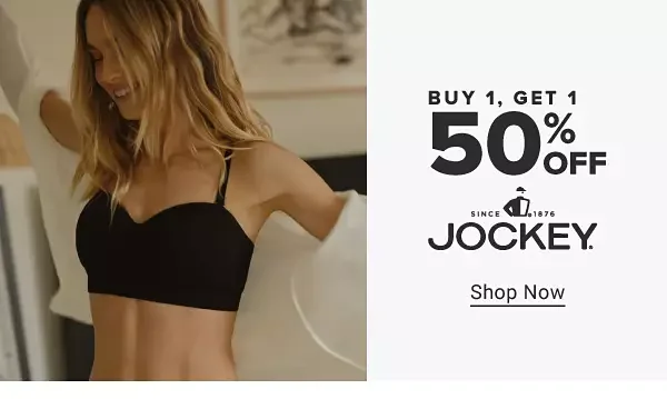 Image of a woman in a black bra. Buy one, get one 50% off. Jockey. Shop now.