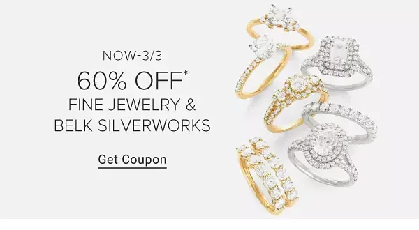 Image of various silver and gold diamond rings. 60% off fine jewelry and Belk Silverworks.