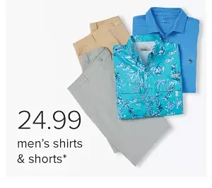 Image of two blue button down shirts and two pairs of shorts. \\$24.99 men's shirts and shorts.