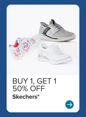 Image of various sneakers. Buy one get one 50% off Skechers.
