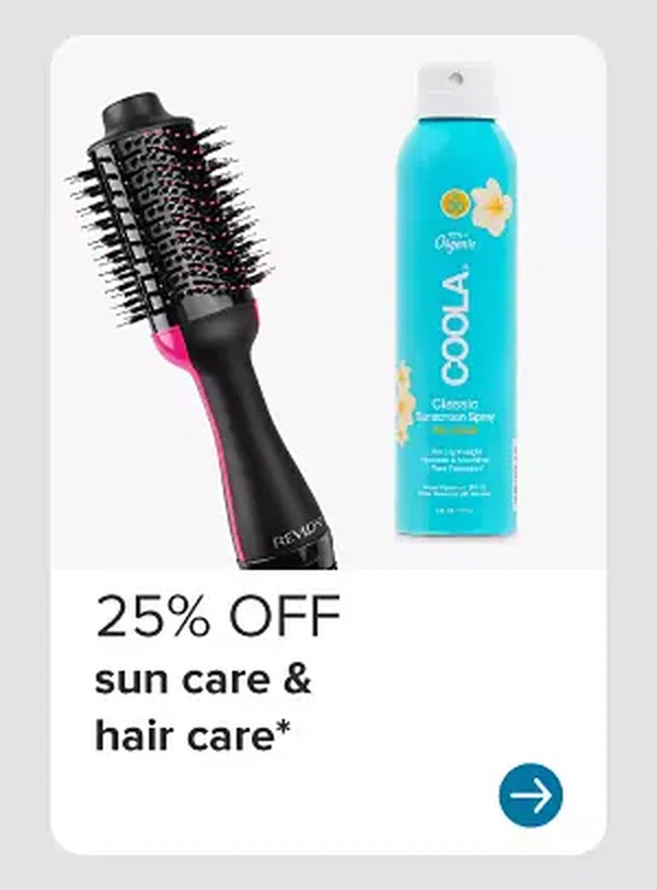 A hair brush and sunscreen spray. 25% off sun care and hair care.