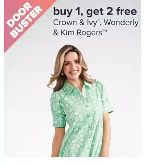 Buy 1, get 2 free Crown & Ivy, Wonderly & Kim Rogers. Image of a woman in a green shirt. Shop now.