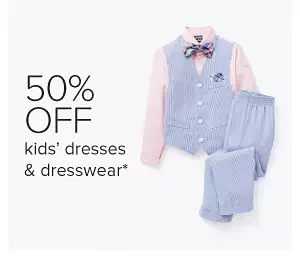 Image of a light pink button down, blue vest and matching blue dress pants. 50% off kids' dresses and dresswear.