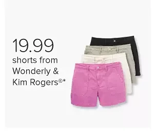 Three pairs of women's khaki shorts. 19.99 shorts from Wonderly and Kim Rogers.