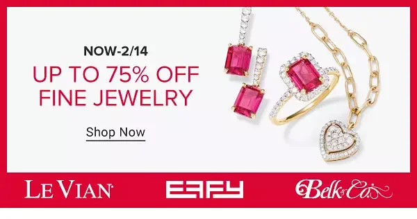 Now to February 14. Up to 75% off fine jewelry. Shop now. Le Vian logo. Effy logo. Belk & Co. logo.