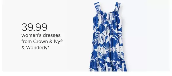 Image of a blue floral dress. \\$39.99 women's dresses from Crown and Ivy and Wonderly.