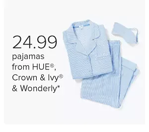 A light blue pajama set and sleep mask. 24.99 pajamas from Hue and Crown and Ivy.
