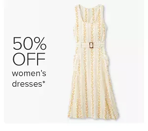 A white dress with yellow stripes. 50% off women's dresses.