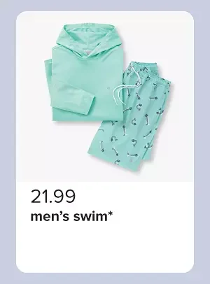 A teal men's shirt and matching swim trunks. 21.99 men's swim.