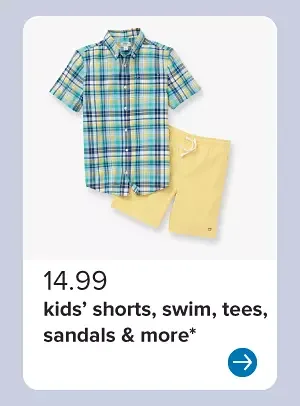 A plaid green boys' shirt and yellow shorts. 14.99 kids' shorts, swim, tees, sandals and more.