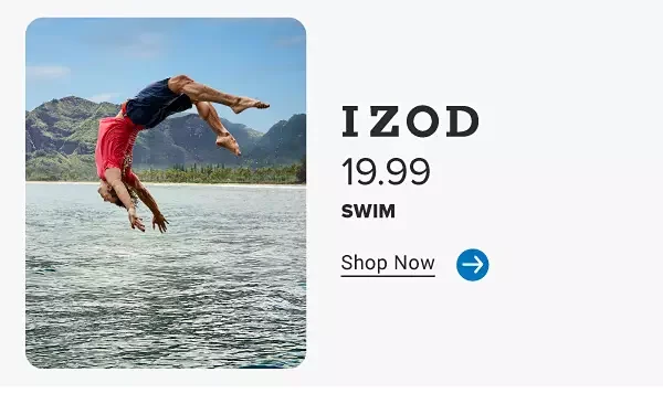 A man doing a backflip in a red shirt and blue swim trunks. Izod, 19.99 swim. Shop now.