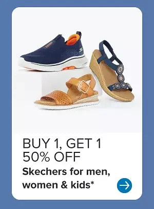 An image featuring two sandals and a sneaker. Buy 1, get 1 50% off Skechers for men, women and kids.