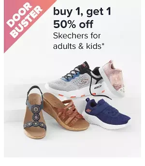 Buy 1, get 1 50% off Skechers for adults & kids. Image of shoes. Shop now.