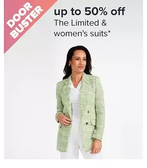 Up to 50% off The Limited & women's suits. Image of a woman in a blazer. Shop now.