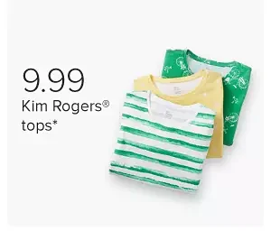 A folded stack of women's shirts. 9.99 Kim Rogers tops.