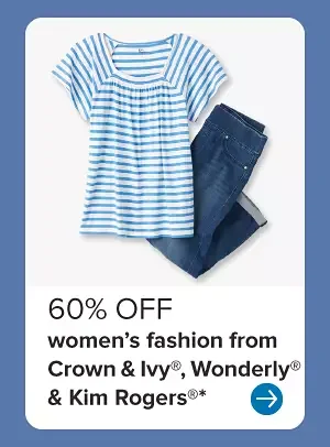A blue and white women's shirt and blue jeans. 60% off women's fashion from Crown and Ivy, Wonderly and Kim Rogers.