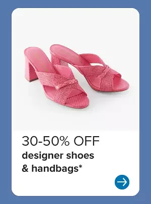 A pink pair of high heels. 30 to 50% off designer shoes and handbags.
