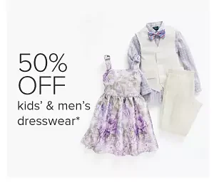 A men's blue suit and pink tie. 50% off men's and kids' dresswear.