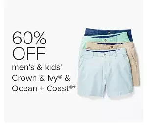 Men's shorts in blue, green, tan and light blue. 60% off men's and kids' Crown and Ivy and Ocean and Coast.